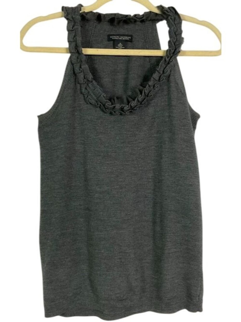 Banana Republic Extra Fine Merino Wool Ruffle Neck Tank Top Charcoal Gray Medium
